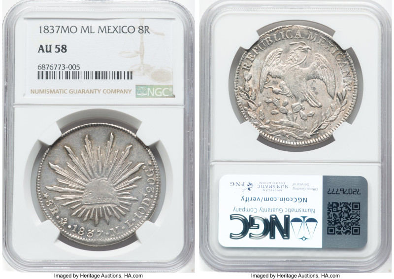 Republic 8 Reales 1837 Mo-ML AU58 NGC, Mexico City mint, KM377.10, DP-Mo18. The ...