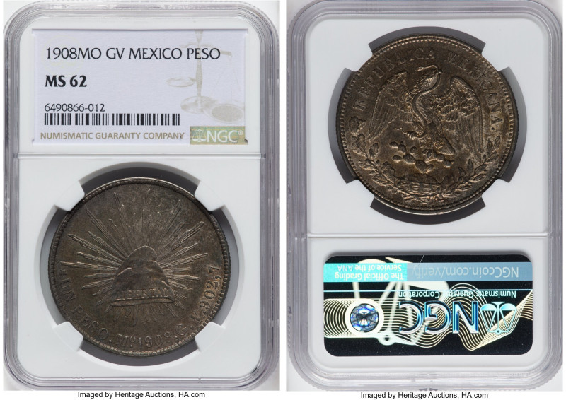 Republic Peso 1908 Mo-GV MS62 NGC, Mexico City mint, KM409.2. HID09801242017 © 2...