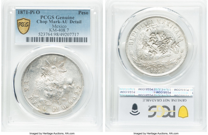 Republic Peso 1871 Pi-O AU Details (Chop Mark) PCGS, San Luis Potosi mint, KM408...