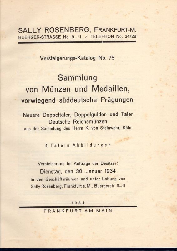 ROSENBERG S. - Katalog, 78. Frankfurt am Main, 30 - Januar, 1934. Sammlung munze...