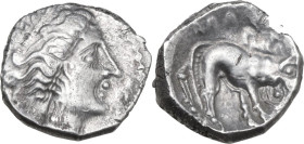 Celtic World. Southern Gaul, Insubres. AR Drachm, imitating Massalia. 2nd century BC. Obv. Head of nymph right. Rev. Lion right; pseudo-legend above. ...