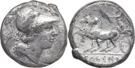 Greek Italy. Samnium, Southern Latium and Northern Campania, Cales. AR Didrachm, c. 265-240 BC. Obv. Head of Athena right, wearing crested Corinthian ...