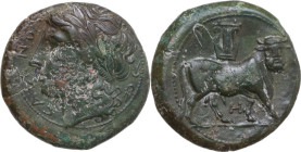 Greek Italy. Samnium, Southern Latium and Northern Campania, Cales. AE 20 mm, c. 265-240 BC. Obv. CALENO. Laureate head of Apollo left; behind, thunde...