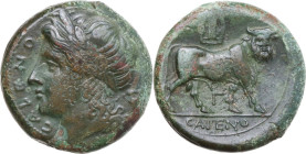 Greek Italy. Samnium, Southern Latium and Northern Campania, Cales. AE 20 mm, c. 265-240 BC. Obv. CALENO. Laureate head of Apollo left; behind, kantha...