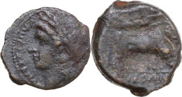 Greek Italy. Samnium, Southern Latium and Northern Campania, Compulteria. AE 19.5 mm, 265-240 BC. Obv. 'kumpulterum' in Oscan. Laureate head of Apollo...