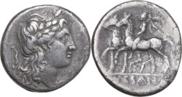 Greek Italy. Samnium, Southern Latium and Northern Campania, Suessa Aurunca. AR Didrachm, c. 265-240 BC. Obv. Laureate head of Apollo right; bow behin...