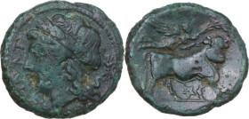 Greek Italy. Samnium, Southern Latium and Northern Campania, Teanum Sidicinum. AE 20 mm, c. 265-240 BC. Obv. Laureate head of Apollo left; behind, thu...