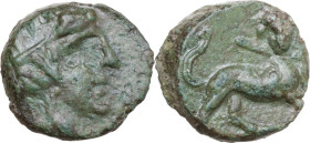 Greek Italy. Central Italy, uncertain mint. Capua or Minturnae(?). AE 14.5 mm. late 90s-early 80s BC. Obv. Head of Dionysos right, wearing ivy wreath....