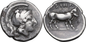 Greek Italy. Central and Southern Campania, Hyrietes. AR Nomos, c. 405-385 BC. Obv. Helmeted head of Athena right, owl on helmet. Rev. Oscan ethnic. M...