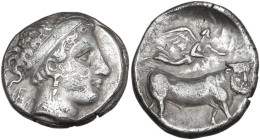 Greek Italy. Central and Southern Campania, Neapolis. AR Didrachm, c. 350-325 BC. Obv. Head of nymph right, wearing broad headband; E behind neck. Rev...