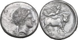 Greek Italy. Central and Southern Campania, Neapolis. AR Didrachm, Charileos magistrate, c. 300-275 BC. Obv. Diademed head of a nymph to right, wearin...