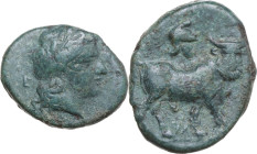 Greek Italy. Central and Southern Campania, Neapolis. AE 18 mm, c. 300-275 BC. Obv. Laureate head of Apollo right; behind, E. Rev. Man-headed bull rig...