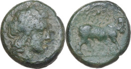 Greek Italy. Central and Southern Campania, Neapolis. AE 17 mm. c. 300-275 BC. Obv. Laureate head of Apollo right. Rev. Man-faced bull right; above, b...