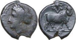 Greek Italy. Central and Southern Campania, Neapolis. AE 19 mm, c. 300-275 BC. Obv. NEOΠOΛITΩN. Laureate head of Apollo left. Rev. Man-headed bull rig...