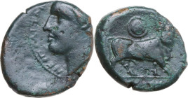 Greek Italy. Central and Southern Campania, Neapolis. AE 17.5 mm, c. 300-275 BC. Obv. NEOΠOΛITΩN. Laureate head of Apollo left. Rev. Man-headed bull r...