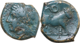 Greek Italy. Central and Southern Campania, Neapolis. AE 18 mm, c. 300-275 BC. Obv. NEOΠOΛITΩN. Laureate head of Apollo left. Rev. Man-headed bull rig...