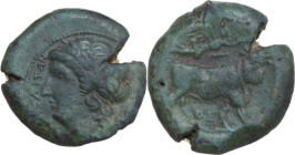 Greek Italy. Central and Southern Campania, Neapolis. AE 20 mm. c. 270-250 BC. Obv. NEOΠOΛITΩN. Laureate head of Apollo left. Rev. Man-headed bull sta...