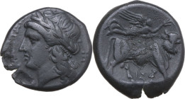 Greek Italy. Central and Southern Campania, Neapolis. AE 19 mm. c. 275-250 BC. Obv. NEOΠOΛITΩN. Laureate head of Apollo left; Ξ behind. Rev. Man-heade...