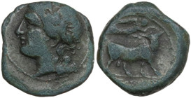 Greek Italy. Central and Southern Campania, Neapolis. AE 15 mm, c. 250-225 BC. Obv. Laureate head of Apollo left. Rev. Man-headed bull right; above, N...