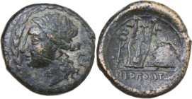 Greek Italy. Central and Southern Campania, Neapolis. AE 21 mm. c. 250-225 a.C. Obv. Laureate head of Apollo left, [IΠ behind]; all within wreath. Rev...