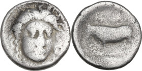 Greek Italy. Central and Southern Campania, Phistelia. AR Nomos, c. 400-390 BC. Obv. Female facing head right. Rev. [8ISTLVLS] Man-headed bull standin...