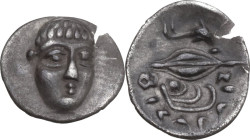 Greek Italy. Central and Southern Campania, Phistelia. AR Obol, c. 325-275 BC. Obv. Male head facing slightly right. Rev. Dolphin, barley grain and mu...