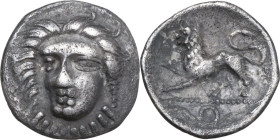 Greek Italy. Central and Southern Campania, Phistelia. AR Obol, 325-275 BC. Obv. Female head facing slightly left. Rev. Lion advancing left; in exergu...