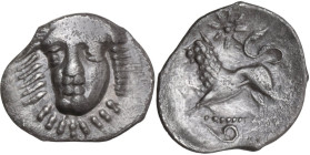 Greek Italy. Central and Southern Campania, Phistelia. AR Obol, 325-275 BC. Obv. Female head facing slightly left. Rev. Lion advancing left; above, st...