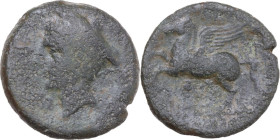 Greek Italy. Eastern Italy, Frentani. AE 22 mm, c. 250 BC. Obv. [|-ƎᗡTИƎᗡ8]. Head of Hermes left, wearing winged petasos. Rev. Pegasos galloping left;...