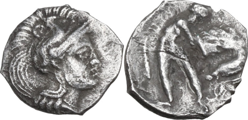 Greek Italy. Northern Apulia, Arpi. AR Diobol, c. 325-275 BC. Obv. [APΠ CEΠTI]. ...