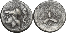 Greek Italy. Northern Apulia, Arpi. AR Triobol, c. 215-212 BC. Obv. Helmeted head of Athena left. Rev. AP-Π-A. Three barley-ears conjoined at the stem...