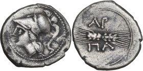 Greek Italy. Northern Apulia, Arpi. AR Diobol, c. 215-212 BC. Obv. Helmeted head of Athena left. Rev. ΑΡΠΑ. Two conjoined grain ears. HN Italy 647; HG...