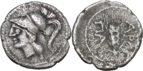 Greek Italy. Northern Apulia, Arpi. AR Obol, c. 215-212 BC. Obv. Head of Athena left, helmeted. Rev. ΑΡ-ΠΑ. Barley-ear. HN Italy 648. AR. 0.70 g. 11.0...