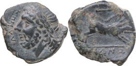 Greek Italy. Northern Apulia, Arpi. AE Unit, c. 325-275 BC. Obv. Laureate head of Zeus left; before, ΔΛΙΟΥ; behind, thunderbolt. Rev. Wild boar right;...