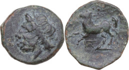 Greek Italy. Northern Apulia, Arpi. AE 18 mm. c. 325-275 BC. Obv. Laureate head of Zeus left. Rev. Horse rearing left; star of eight rays above, monog...