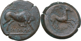 Greek Italy. Northern Apulia, Arpi. AE 21 mm. c. 275-250 BC. Obv. Bull charging right; below, ΠΟΥΛΛO. Rev. APΠA/NOY. Horse rearing right. HGC 1 535; H...