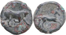 Greek Italy. Northern Apulia, Arpi. AE 21 mm. c. 275-250 BC. Obv. Bull charging right; below, ΠΟΥΛΛΙ. Rev. [APΠA/NOY]. Horse rearing right. HGC 1 535;...