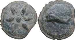 Greek Italy. Northern Apulia, Luceria. Heavy series. AE Cast Teruncius, c. 225-217 BC. Obv. Star of six rays on a raised disk. Rev. Dolphin left; belo...