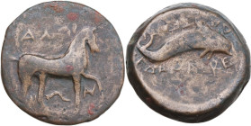 Greek Italy. Northern Apulia, Salapia. AE 22 mm. c. 275-250 BC. Obv. [Σ]AΛ[AΠIN]ΩN. Horse stepping right. Rev. Dolphin right; above, ΔAZEN[I]; below Δ...