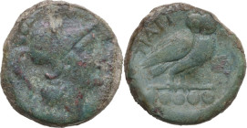 Greek Italy. Northern Apulia, Teate. AE Quincunx, c. 225-200 BC. Obv. Helmeted head of Athena right. Rev. TIATI. Owl standing three-quarters to right ...