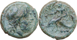 Greek Italy. Northern Apulia, Teate. AE Teruncius, c. 225-200 BC. Obv. Head of Poseidon right, wearing tainia; before, four pellets. Rev. TIATI. Posei...