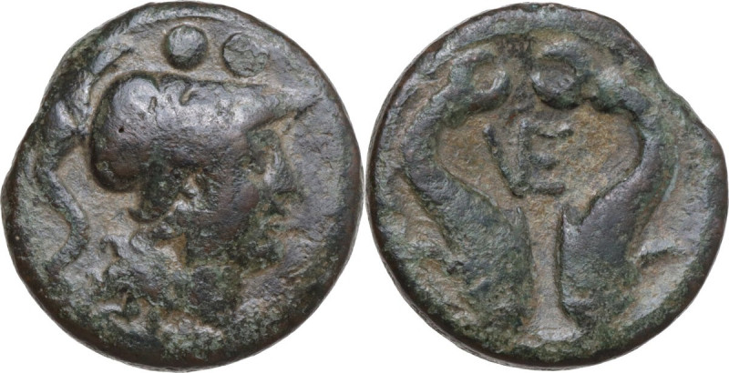 Greek Italy. Northern Apulia, Venusia. AE Biunx, c. 210 BC. Obv. Head of Minerva...