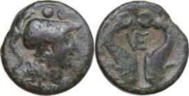 Greek Italy. Northern Apulia, Venusia. AE Biunx, c. 210 BC. Obv. Head of Minerva right; above, two pellets. Rev. Two dolphins downward; VE ligate betw...