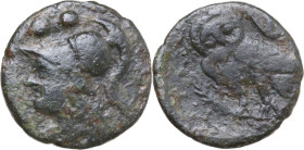 Greek Italy. Northern Apulia, Venusia. AE Sextans, c. 210-200 BC. Obv. Helmeted head of Athena left; two pellets above. Rev. Owl standing left on bran...