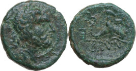 Greek Italy. Southern Apulia, Brundisium. AE Semis, 2nd century BC. Obv. Head of Neptune right, wearing wreath; S below. Rev. Phalanthos riding on dol...