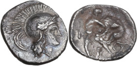 Greek Italy. Southern Apulia, Tarentum. AR Diobol, c. 380-344 BC. Obv. Head of Athena right, wearing crested Attic helmet. Rev. Herakles standing righ...