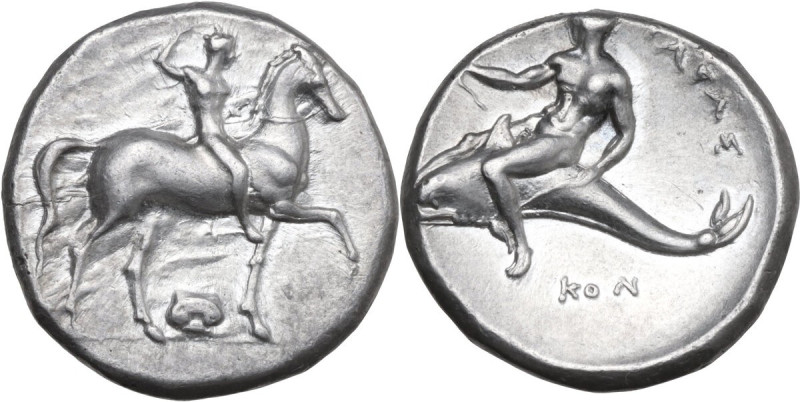 Greek Italy. Southern Apulia, Tarentum. AR Nomos, Sa- and Kon- magistrates, c. 3...