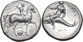 Greek Italy. Southern Apulia, Tarentum. AR Nomos, Sa- and Kon- magistrates, c. 332-302 BC. Obv. Nude youth on horseback riding right, crowning himself...