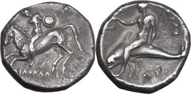 Greek Italy. Southern Apulia, Tarentum. AR Nomos, 302-280 BC. Obv. Horseman left, holding round shield; ΣI to right, ΦIΛOKΛHΣ below. Rev. Phalanthos r...