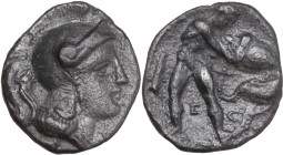 Greek Italy. Southern Apulia, Tarentum. AR Diobol, c. 325-280 BC. Obv. Head of Athena right, wearing plain crested helmet. Rev. Herakles standing righ...